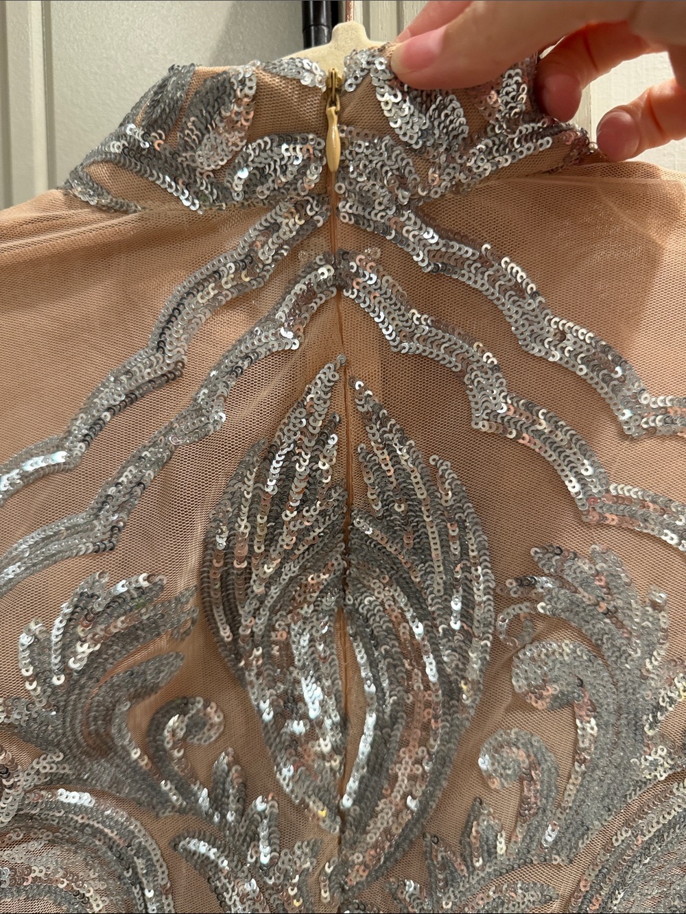 Embellished Nude Long-Sleeve Cocktail Dress with Silver Sequins by La - Picture 4 of 9